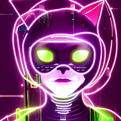 Prompt: a cute cyberpunk kitten, clear vector, vectorial curves, sci-fi, close-up, cybernetic implant, neon, cyberpunk, center frame portrait, 2D, matte-painting