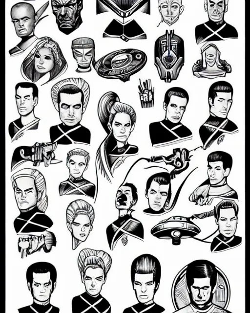 Prompt: tattoo flash art of star trek characters