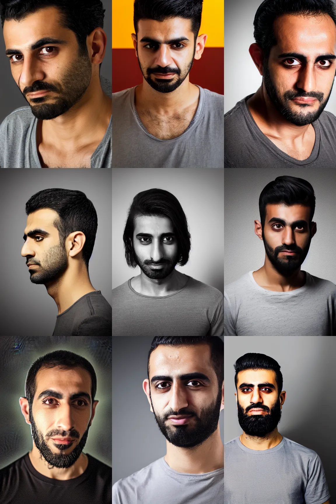 Prompt: portrait photo of a modern ( middle eastern ) man wearing a dark shirt, upper body avatar, kodak portra 1 6 0, chiaroscuro lighting, stylized bold outline, striking colour, default pose neutral expression, face on head shot, closeup, eye contact, sharp focus, flat grey background, 4 k, volumetric, french nouveau, hyperreal