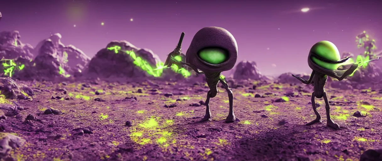 Prompt: grey alien with large black eyes holding an energy rifle on an alien planet with purple soil, green sky, blue and yellow fauna, alien creatures in the background, 3d render, Unreal Engine, octane render, ray tracing, Unity, highly detailed, high quality, HD, 4k, 8k, realistic, sharp, trending - H 768