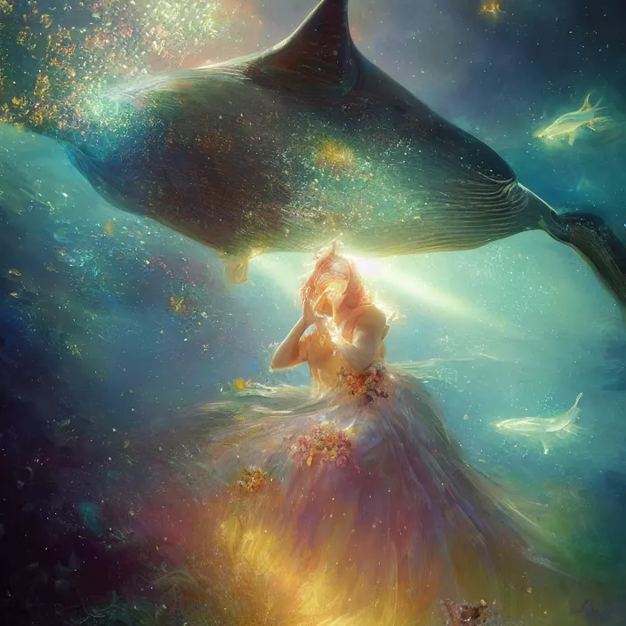 Image similar to enormous glimmering whale tale, flowing dress, flowers, cosmos, milky way galaxy, golden hour, god rays, coral reef, dreamscape by artgerm and ruan jia and ismail inceoglu and greg olsen, masterpiece, beautiful, intricate, elegant, highly detailed