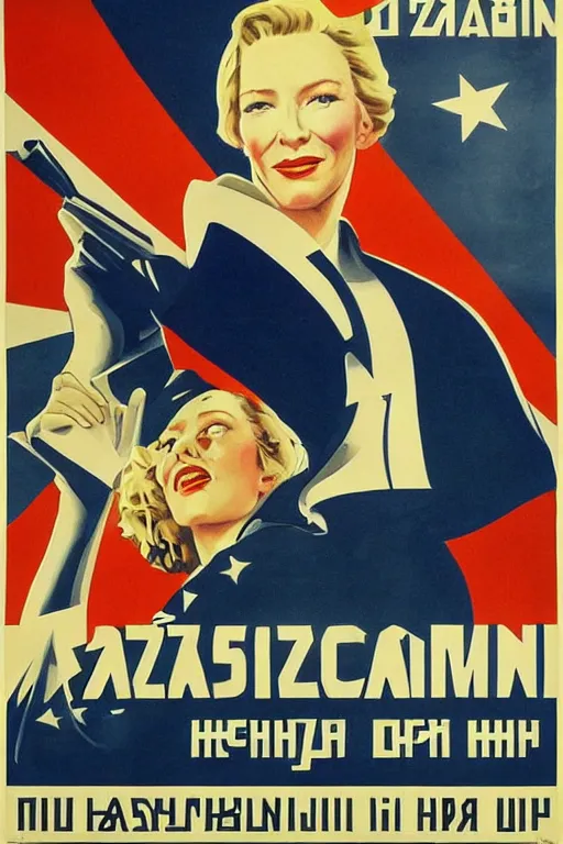 Image similar to american propaganda poster with cate blanchett calling on the world community to fight against Nazism, Ultra Detailed, soviet realism