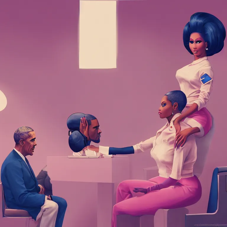 Image similar to 1 9 6 0 s concept illustration portrait of nicki minaj sitting next to barack obama in a barbershop. cinematic scene. volumetric lighting, flat style, pastel colors, hyper detailed. octane render. concept art. trending on artstation.