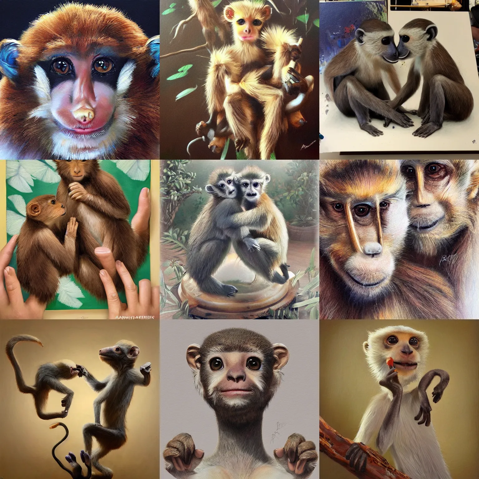 Prompt: taxidermy monkeys painting by artgerm, and rob rey