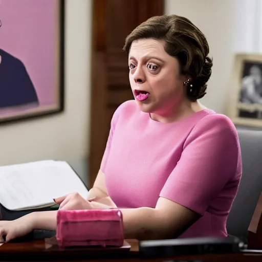 Prompt: rachel bloom as a lady boss crying into a ruth bader ginsberg pillow in her office, ultra detailed, 8 k resolution, ultrarealistic