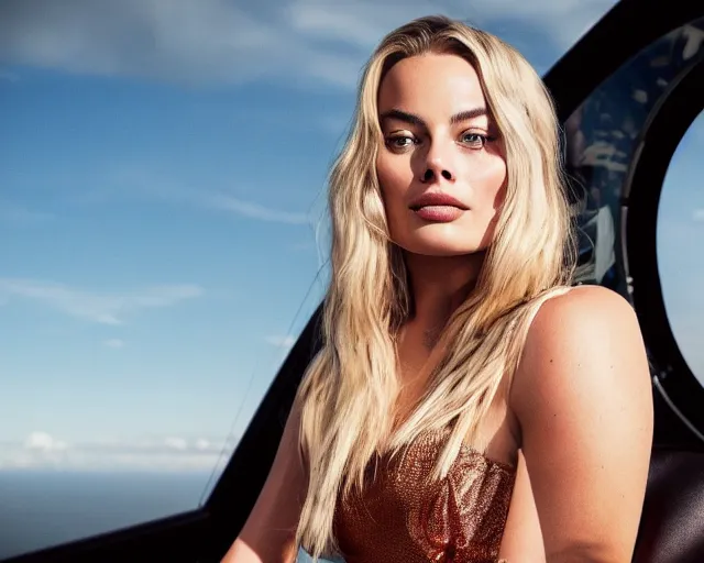 Prompt: a photo of margot robbie sitting on a helicopter, hyper realistic face, beautiful eyes, cinematic, long shot, hyper detailed, 8 5 mm photograph, 8 k resolution, film still, sharp lens, wide lens