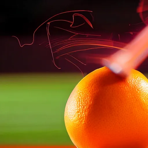 Prompt: high speed photograph of basebal bat hitting an orange, photograph, 1 0 0 0 fps, extremely detailed, photorealistic