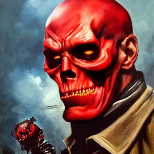 Image similar to ultra realistic portrait painting of red skull as harry potter, art by frank frazetta, 4 k, ultra realistic, highly detailed, epic lighting