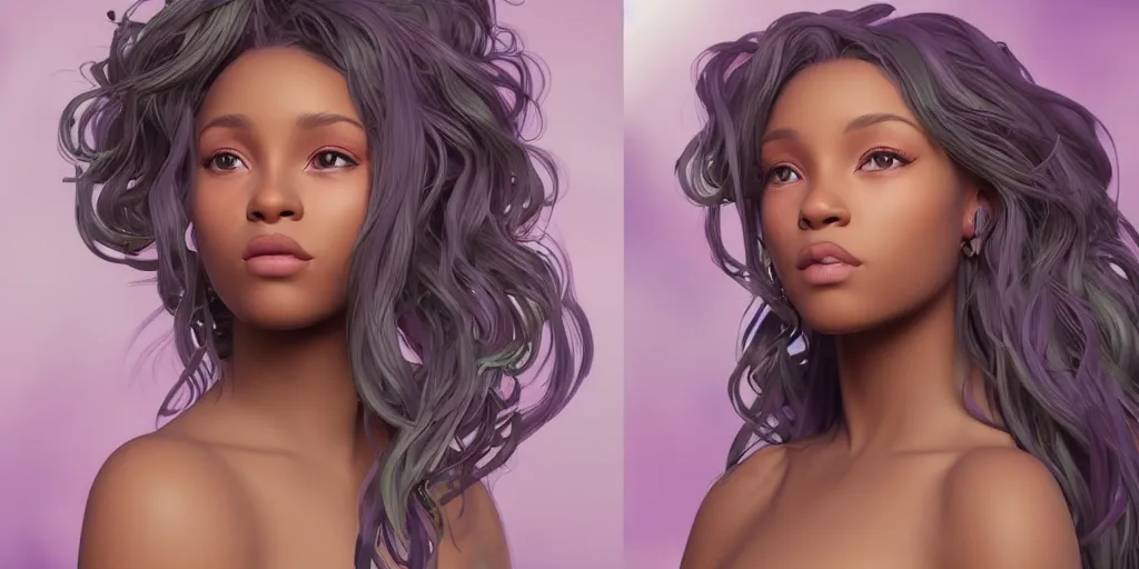 Image similar to beautiful black woman with gorgeous pastel balayage hairstyle, as seen on artgerm, octane render, in the style of alphonse mucha, ultra realistic, highly detailed, 8 k