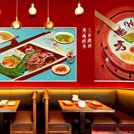 Image similar to a beautiful hyperdetailed interior 4 k hd wallpaper illustration of roasted string hotpot restaurant restaurant yan'an, corner, simple style, wall painting, from china, with merchant logo, simple structure, surrealistic, chinese style, victo ngai