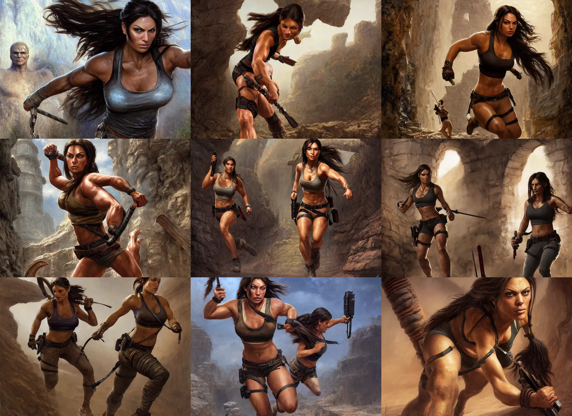 Prompt: portrait of muscled Mila Kunis as Lara Croft running out of an ancient ruin filled with scary mummies, elegant, highly detailed, centered, digital painting, artstation, concept art, artgerm, donato giancola, Joseph Christian Leyendecker, WLOP, Boris Vallejo, Artgerm