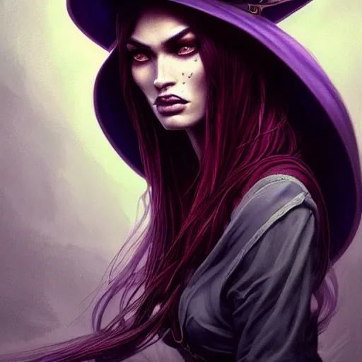 Prompt: an insanely detailed portrait of a beautiful witch that looks like megan fox with long dark purple hair, wearing black witch hat, beautiful expressive detailed eyes, in the style of peter mohrbacher, artgerm, dramatic lighting and composition, octane render, trending on artstation, concept art