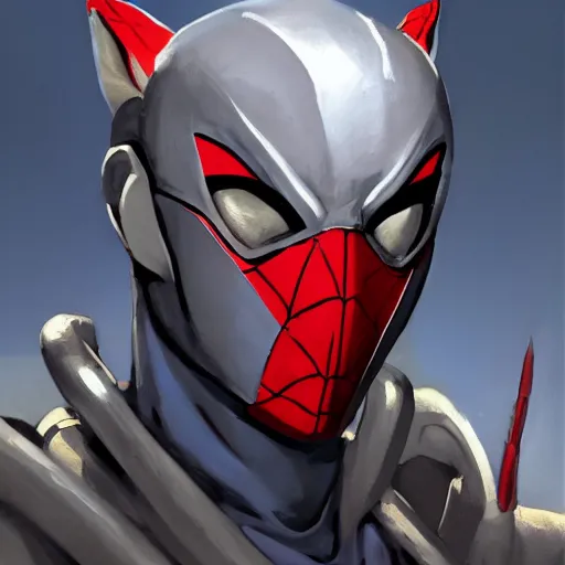 Image similar to greg manchess portrait painting of armored spiderman ultraman grey fox from metal gear cyborg gay japanese - american hybrid as overwatch character, medium shot, asymmetrical, profile picture, organic painting, sunny day, matte painting, bold shapes, hard edges, street art, trending on artstation, by huang guangjian and ail elvgren and sachin teng