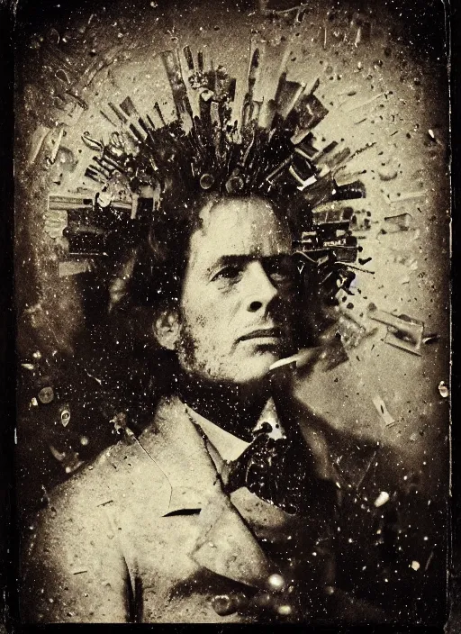 Image similar to old wetplate daguerreotype portrait of a mad man, explosion of data fragments, fractal, intricate, elegant, highly detailed, parallax, leica, medium format, subsurface scattering, by jheronimus bosch and greg rutkowski and louis jacques mande daguerre