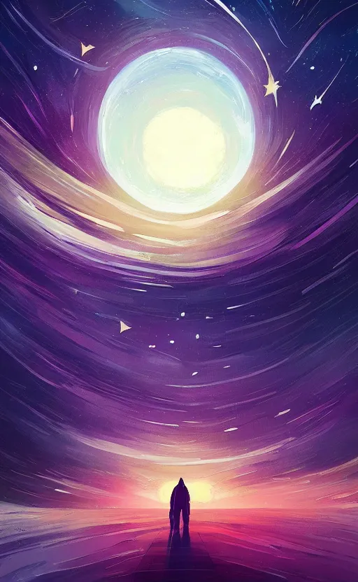 Prompt: a beautiful illustration of interstellar, art of alena aenami, featured on artstation, vertical orientation, paint brush strokes, expressionism, brushstroke - laden, breathtaking clouds, birds, ocean, beautiful stars, long exposure, big moon radius, airy midnight theme, blue purple gradient, lens flare