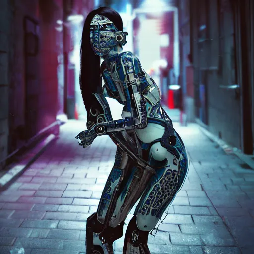 Image similar to a hyper realistic stunningly cyborg tradition geisha photograph, covering face with a intricate sci - fi fan, in a dark street, metal gear solid, dark moody backlighting, ray tracing, octane render,