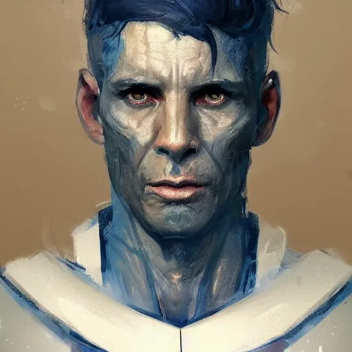 Prompt: portrait of a man by greg rutkowski, blue skin, red eyes, short black hair in military style, tall, star wars expanded, universe, he is about 5 0 years old, wearing white colored imperial admiral uniform, artstation hq