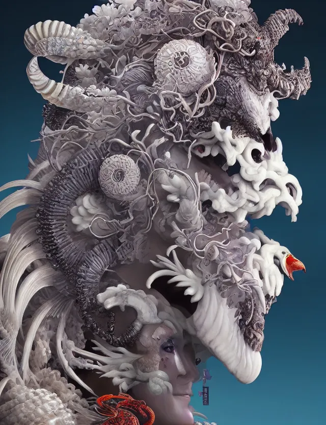 Image similar to 3 d goddess of hell close - up profile portrait with ram skull. beautiful intricately detailed japanese crow kitsune mask and clasical japanese kimono. betta fish, jellyfish phoenix, bio luminescent, plasma, ice, water, wind, creature, artwork by tooth wu and wlop and beeple and greg rutkowski