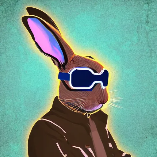 Image similar to rabbit with augmented cyberpunk ears cozy sitting in a chair drinking coffee and smoking cigar. digital art