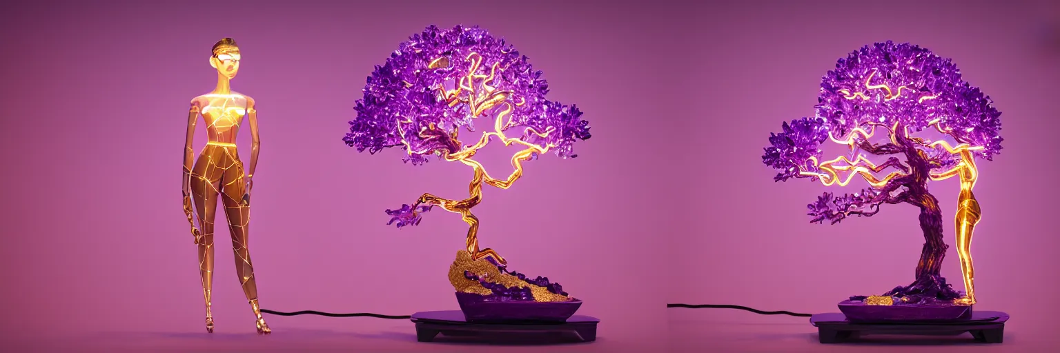 Image similar to beautiful mannequin sculpted out of amethyst by billelis + lit with geometric neon dripping gold + kintsugi, facing a doorway opening with neon pink geometric fractal light + flowering bonsai trees + lighting in background!!, clean linework, dramatic, finely detailed, award winning, 4 k, trending on artstation, photorealistic, volumetric lighting, octane render