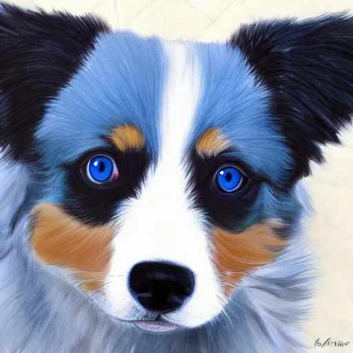 Prompt: painting of a blue eye, miniature australian shepherd with white grey brown and black fur