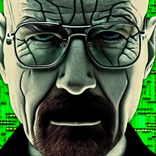 Image similar to close up still of walter white seeing the matrix code, highly detailed face, highly detailed skin, award winning scene, photography, photo, beautiful glitching green matrix code