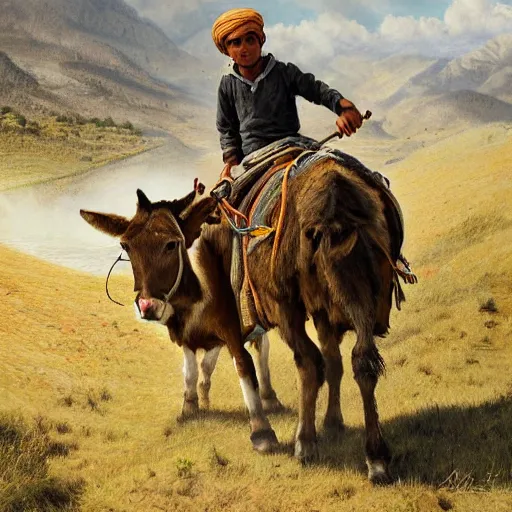 Prompt: a young boy kurdish shephard riding a donkey herding cows in the kurdish mountains art by martin ansin, highly detailed, 8 k, high resolution, award winning art, incredibly intricate