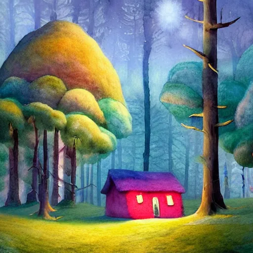 Prompt: a watercolor art in shape of volumetric!! wool felting small wooden house in the middle of spring forest, bright colours, children illustration, 4 k, matte painting, by rhads