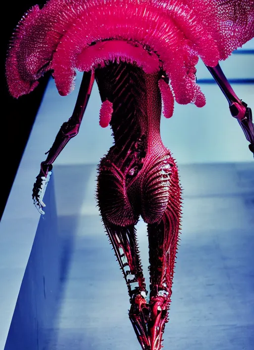 Image similar to walking down the catwalk, ben watts, show, stage, vogue photo, podium, fashion show photo, iris van herpen, beautiful woman, full body shot, helmet on face, masterpiece, plant predator, guyver, jellyfish, biomechanical details, movie still, fauvism, cinestill, bokeh, gelios lens