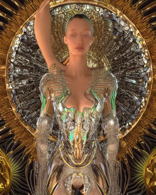 Image similar to a highly detailed metahuman 4 k close up render of an alien goddess bella hadid monument jibaro renaissance in iris van herpen dress schiaparelli in diamonds crystals swarovski and jewelry iridescent in style of alphonse mucha gustav klimt trending on artstation made in unreal engine 4