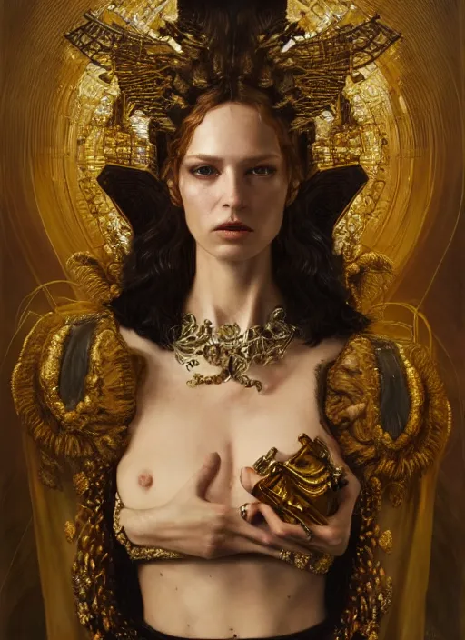 Image similar to highly detailed oil painting | very intricate | cinematic lighting | award - winning | portrait of the goddess of cyberpunk dressed by alexander mcqueen | by roberto ferri, by tom bagshaw, by j. c. leyendecker and klimt, american romanticism, by austin osman spare, artstation, cgsociety, official art, octane