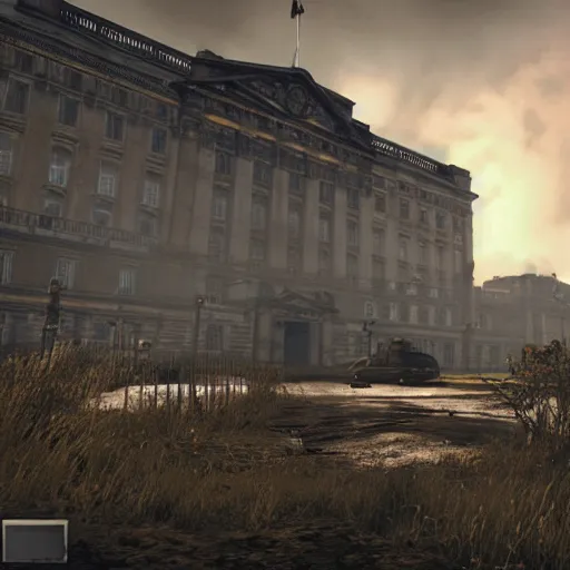 Image similar to buckingham palace in ruins post - nuclear war in fallout 4, in game screenshot