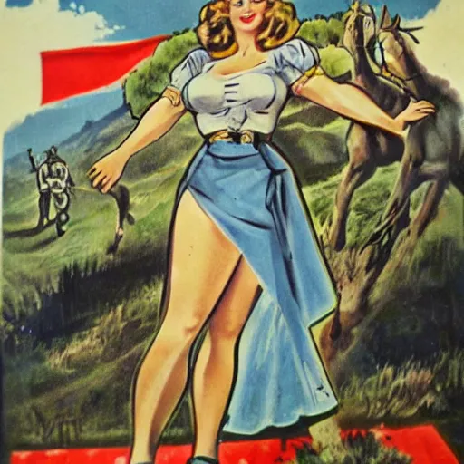 Image similar to highly detailed german ww 2 propaganda pinup!! nazi poster of blonde blue eyed women in dirndl, dynamic pose