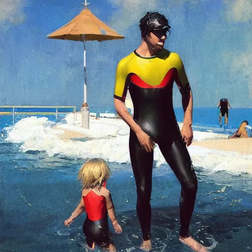 Prompt: a blond lifeguard in a wetsuit watching the pool vigilantly. Kuvshinov ilya. Repin. Phil Hale. Masterpiece. Rule of thirds