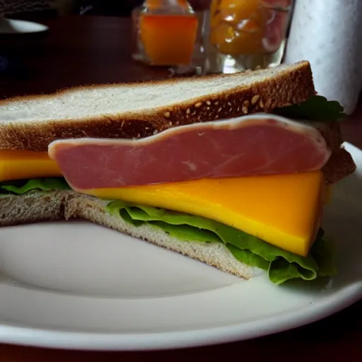 Image similar to sandwich with mortadella and honey and mango, bad, grainy and blurry amateur photo