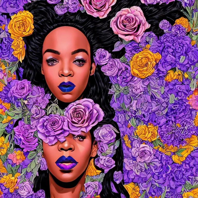 Image similar to gorgeous symmetrical portrait of a crazy black woman with lavender and rose florals growing from her head by tristan eaton and james jean, hyper detailed painting, distance, centered, hd, hq, high resolution, high detail, 4 k, 8 k