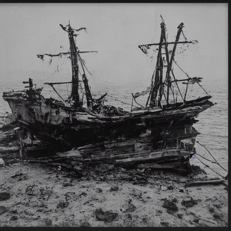 Image similar to the ship of theseus wrecked upon the night's plutonian shore, 35mm photography by Edgar Allan Poe