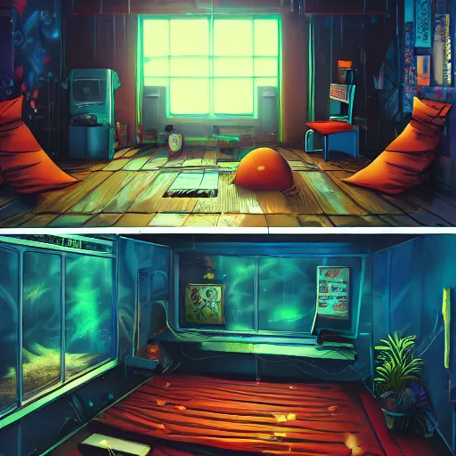 Prompt: anime background of the interior of an underwater makeshift bedroom created hastily inside a small containment unit, a loft bed, book case, computer desk, various coral seashells overtaking it, nostalgia, vaporwave, litter, steampunk, cyberpunk, water caustics, anime, vhs distortion, dynamic shot, cinematic, letterbox, art created by miyazaki