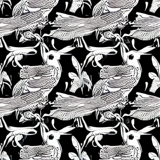 Image similar to seamless pattern showing birds. black and white, drawing, white background, seamless, ornament.
