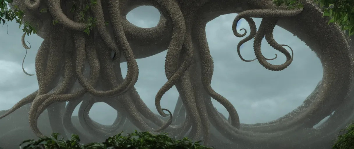 Image similar to a giant octopus tentacle hanging from the clouds over a rain forest, still from the movie the arrival, 8k