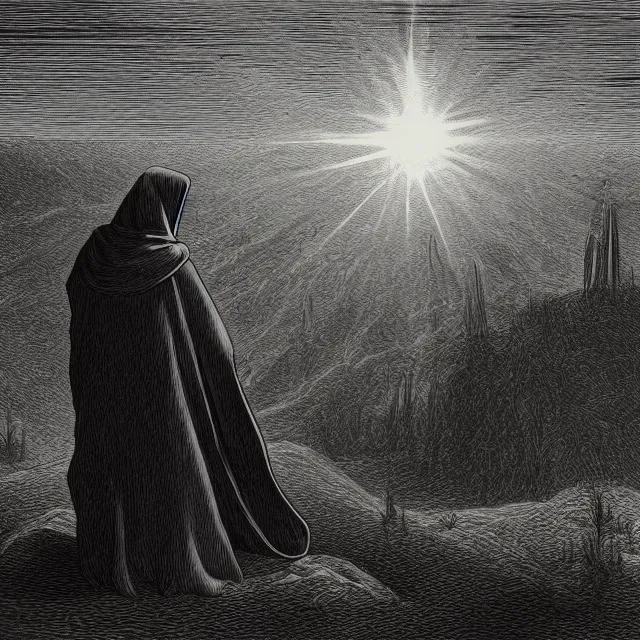 Prompt: a hooded figure in a black robe emmitting a beam of light from his face, flower meadow landscape, illustration by Gustave Dore, 18th century drawing , black and white, highly detailed, 4k, concept art, artstation