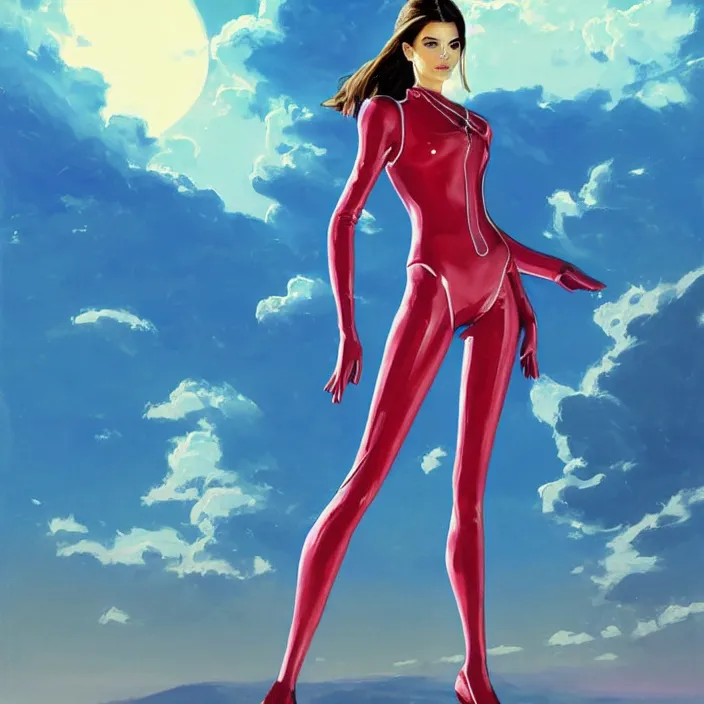 Image similar to full body portrait of a combination of Ashley Greene, Victoria Justice and Adriana Dxim, Grace Kelly and Lily Collins wearing a Plugsuit from Neon Genesis Evangelion, countryside, calm, fantasy character portrait, dynamic pose, above view, sunny day, thunder clouds in the sky, artwork by Jeremy Lipkin and Giuseppe Dangelico Pino and Michael Garmash and Rob Rey and Greg Manchess and Huang Guangjian, very coherent asymmetrical artwork, sharp edges, perfect face, simple form, 100mm