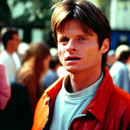 Image similar to film still, 5 0 mm, a masterpiece portrait photo of marty mcfly in a los angeles crowd, circa 1 9 9 9, sharp focus and narrow depth of field