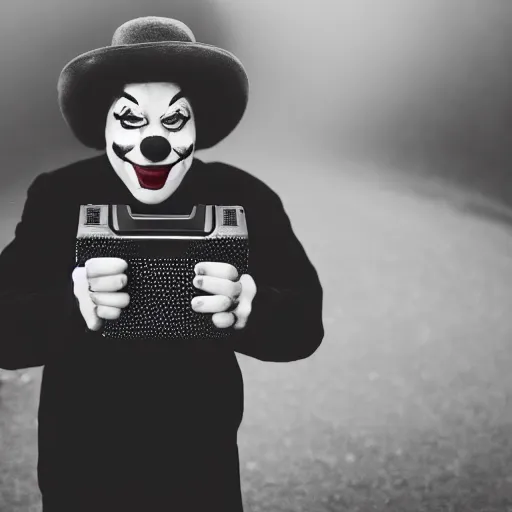 Prompt: an old black & white 5 0 mm close up portrait of a man dressed up as a clown holding a playstation controller in a dark foggy alley