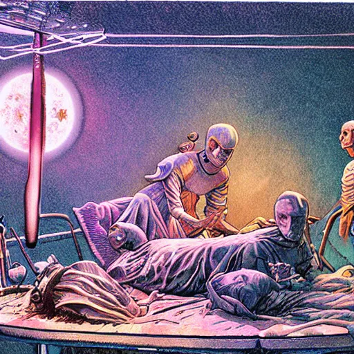 Image similar to medieval extraterrestrial villagers at bedside of severely injured unconscious short - haired blond woman, colorful, dramatic lighting, illustration, fantastic planet, ron cobb, mike mignogna, jim henson creature shop, science fiction, detailed painting, high detail, coherent, rough paper