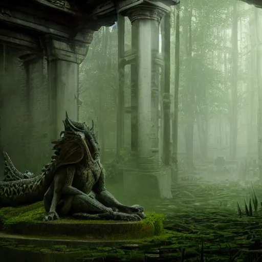 Prompt: epic temple ruin with a statue of a dragon overgrown with moss in a dark lush green forest, dark night, matte painting, volumetric fog, volumetric lighting, by greg rutkowski, WLOP, trending on ArtStation, CGSociety, concept art, cgsociety, octane render, trending on artstation, artstationHD, artstationHQ, unreal engine, 8k