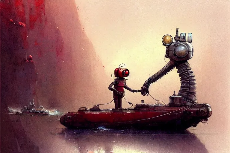 Image similar to adventurer ( ( ( ( ( 1 9 5 0 s retro future robot android mouse large house boa rvt tug boat calm stream. muted colors. ) ) ) ) ) by jean baptiste monge!!!!!!!!!!!!!!!!!!!!!!!!! chrome red