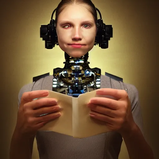 Image similar to a beautiful intricate fine art portrait photo of a happy mechanical futuristic cybernetic humanoid reading a letter of admission held in hands, by anna dittman and zach sutton, eyes light up, happiness!, perfection!, studio lighting, golden ratio composition, 50mm lens, bionic, cybernetic scifi, deep depth of field, artstation, 8K