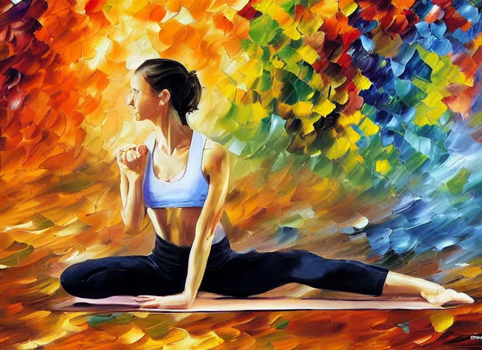 Prompt: a photograph of a girl with glasses doing yoga by leonid afremov