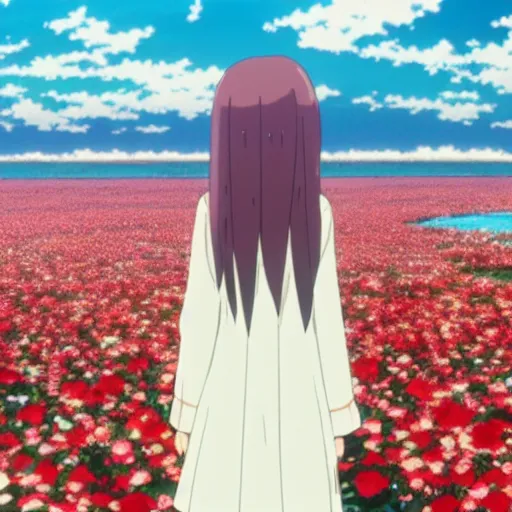 Image similar to the back view of an anime girl with medium and long hair standing in the sea of roses, relaxing, calm, cozy, peaceful, by mamoru hosoda, hayao miyazaki, makoto shinkai